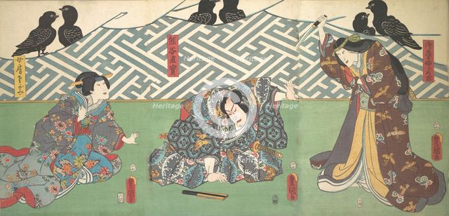 Three Actors on Stage: Kumagai Naozane, 1858., 1858. Creator: Utagawa Kunisada.