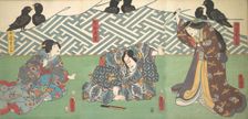 Three Actors on Stage: Kumagai Naozane, 1858., 1858. Creator: Utagawa Kunisada