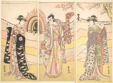 Three Actors in Beautiful Costumes Performing a Religious Dance, ca. 1785. Creator: Katsukawa Shunsen