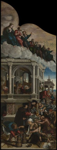 Three Acts of Mercy: Giving the Thirsty to drink, Visiting the Sick and Sheltering..., 1517-24/25. Creator: Bernaert van Orley