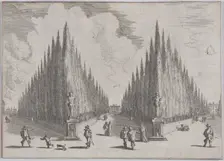 Three alleés separated by two groups of trees in pointed configurations, from Views of Ga..., 1636. Creator: Johann Wilhelm Baur