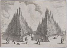 Three alleés separated by two groups of trees in pointed configurations, from Views of Ga..., 1636. Creator: Johann Wilhelm Baur