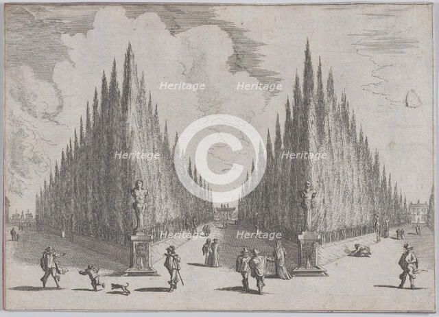 Three alleés separated by two groups of trees in pointed configurations, from 'Views of Ga..., 1636. Creator: Johann Wilhelm Baur.