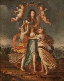 Three Allegorical Figures Bearing the Portrait of Karl XI of Sweden, c17th century. Creator: David Klocker Ehrenstrahl