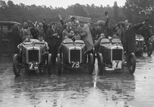 Three Austin 7 TT type Ulsters at the LCC Relay Grand Prix, Brooklands, 1931. Artist: Bill Brunell
