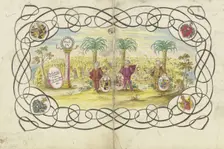 Three boys, holding sickles and coats of arms..., 1733. Creator: Johann Esaias Nilson