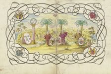 Three boys, holding sickles and coats of arms..., 1733. Creator: Johann Esaias Nilson