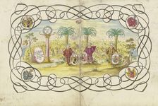 Three boys, holding sickles and coats of arms..., 1733. Creator: Johann Esaias Nilson