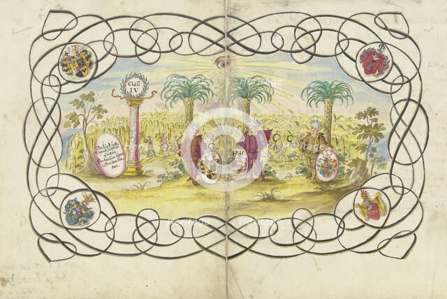 Three boys, holding sickles and coats of arms..., 1733. Creator: Johann Esaias Nilson.