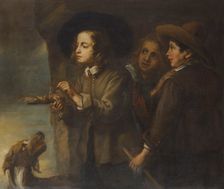 Three boys lighting a stick of gunpowder, 17th century. Creator: Cossiers, Jan, (Circle) (1600-1671)