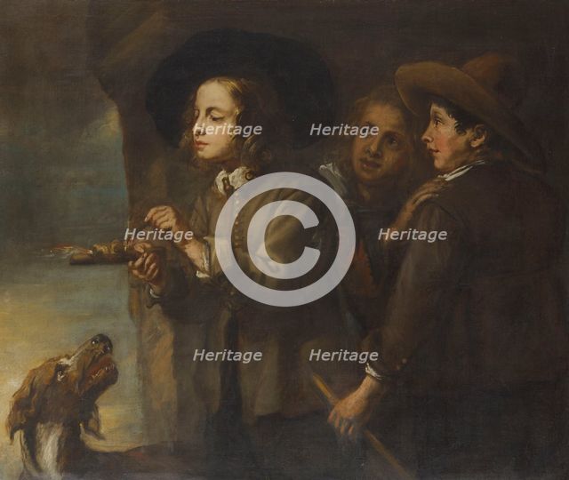 Three boys lighting a stick of gunpowder, 17th century. Creator: Cossiers, Jan, (Circle) (1600-1671).