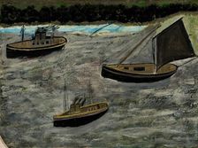Three Boats Off The Shore, c1935. Creator: Alfred Wallis