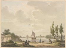 Three barges sail on a river, a man with a donkey in the foreground, four figures further to the... Creator: Nicolaas Wicart