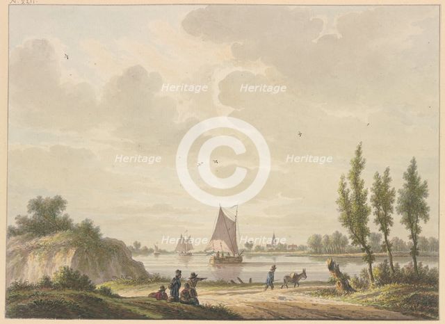 Three barges sail on a river, a man with a donkey in the foreground, four figures further to the... Creator: Nicolaas Wicart.