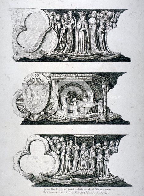 Three bas-reliefs in Edward the Confessor's Chapel, Westminster Abbey, London, 1782. Artist: Anon