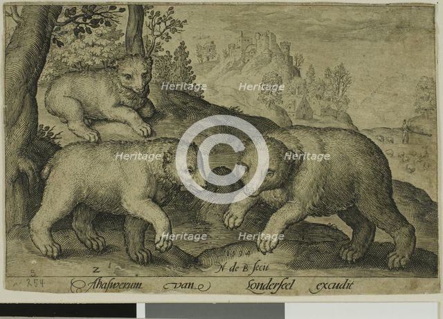 Three Bears, plate ten from Four-Legged Animals, 1594. Creator: Nicolaes de Bruyn.