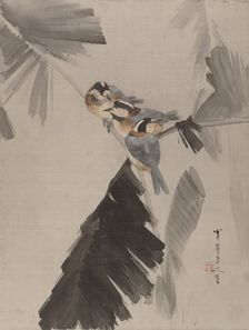 Three Birds on Branch, ca. 1887. Creator: Watanabe Seitei