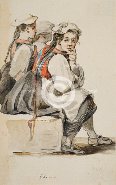 Three Black Forest peasant girls sitting side by side, seen from the side looking right, c1771-1772. Creator: Georg Melchior Kraus.