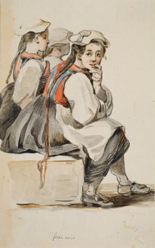 Three Black Forest peasant girls sitting side by side, seen from the side looking right, c1771-1772. Creator: Georg Melchior Kraus