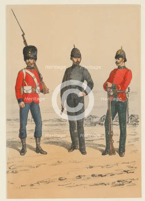 Three British soldiers, 1875-1925. Creator: Richard Simkin.