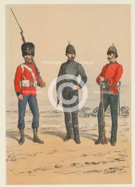 Three British soldiers, 1875-1925. Creator: Richard Simkin.
