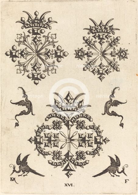 Three Brooches with Fantasy Birds at Left, Right, and Bottom, 1596. Creator: Daniel Mignot.