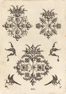 Three Brooches with Fantasy Birds at Left, Right, and Bottom, 1596. Creator: Daniel Mignot