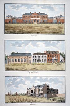 Three buildings in St George's Fields, Southwark, London, c1790. Artist: Thomas Trotter