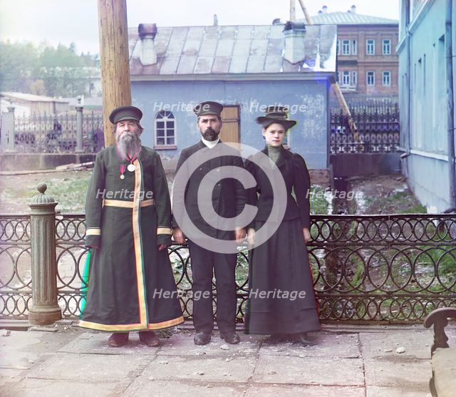 Three generations: A.P. Kalganov with son and granddaughter; the last two work in the shops..., 1910 Creator: Sergey Mikhaylovich Prokudin-Gorsky.