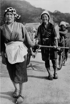'Three generations of women moving a cart with grandmother at the rear, pushing c1900, (1921). Artist: Julian Leonard Street