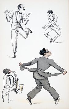 Three gentlemen in Black Tie perform moves from the Charleston to a saxophone, from White Bottoms