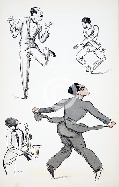 Three gentlemen in Black Tie perform moves from the Charleston to a saxophone, from 'White Bottoms' 