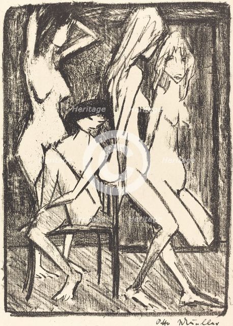 Three Girls in front of a Mirror (Drei Madchen vor dem Speigel), c. 1922. Creator: Otto Mueller.