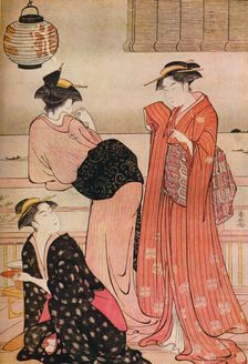 Three girls on the veranda of a tea-house overlooking Edo Bay at Shinagawa c1752-1815. Artist: Torii Kiyonaga