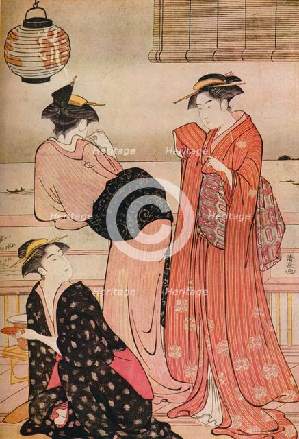 'Three girls on the veranda of a tea-house overlooking Edo Bay at Shinagawa', c1752-1815. Artist: Torii Kiyonaga.