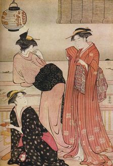 Three girls on the veranda of a tea-house overlooking Edo Bay at Shinagawa c1752-1815. Artist: Torii Kiyonaga