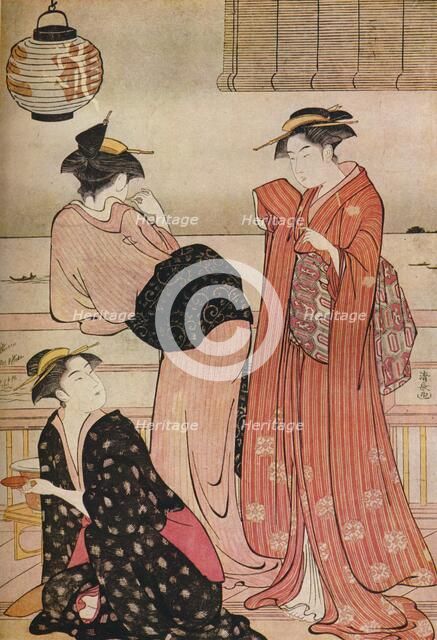 'Three girls on the veranda of a tea-house overlooking Edo Bay at Shinagawa', c1752-1815. Artist: Torii Kiyonaga.