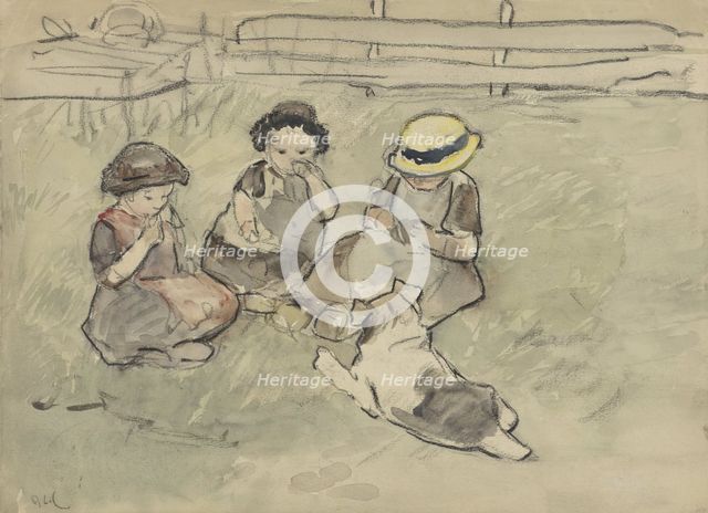 Three girls with a dog sitting in a meadow, 1860-1921. Creator: Adolf le Comte.