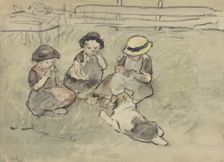 Three girls with a dog sitting in a meadow, 1860-1921. Creator: Adolf le Comte