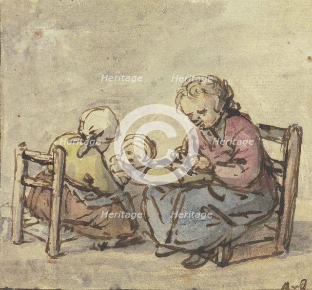 Three girls, the oldest making lace, c1650-1660. Creator: Adriaen van Ostade.