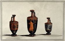Three Greek wine-jugs (oinochoes); left and right vases decorated with palms; middle..., 1760-1769. Creator: Augustin Dahlsteen