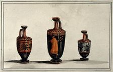 Three Greek wine-jugs (oinochoes); left and right vases decorated with palms; middle..., 1760-1769. Creator: Augustin Dahlsteen
