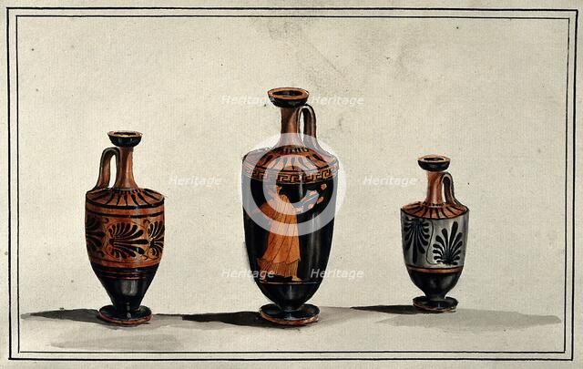 Three Greek wine-jugs (oinochoes); left and right vases decorated with palms; middle..., 1760-1769. Creator: Augustin Dahlsteen.