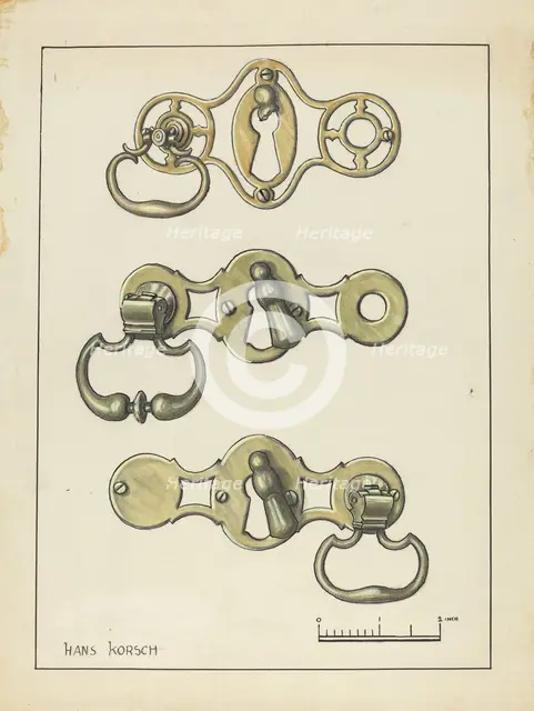 Three Door Handles, 1935/1942. Creator: Hans Korsch.