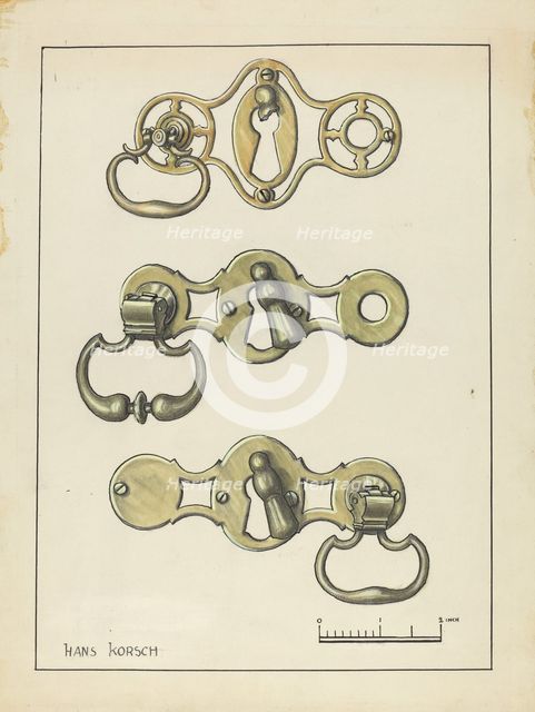 Three Door Handles, 1935/1942. Creator: Hans Korsch.