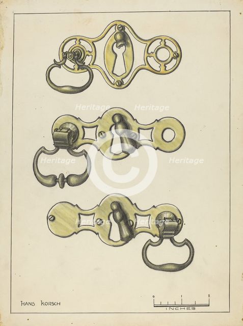 Three Door Handles, 1935/1942. Creator: Hans Korsch.