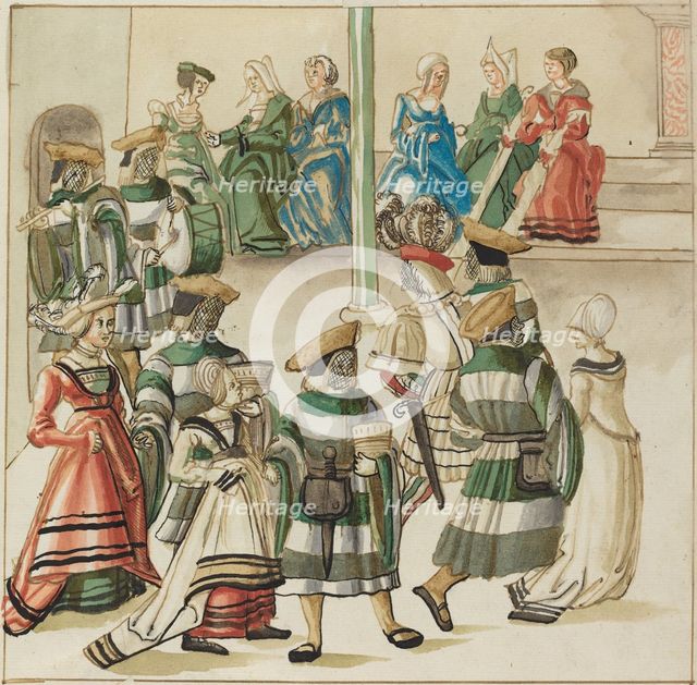 Three Dancing Couples Led by Two Knights in Room with Column, c. 1515. Creator: Unknown.
