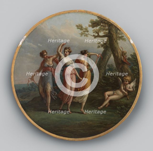 Three dancing nymphs and a reclining cupid in a landscape, ca. 1772. Creator: Antonio Zucchi.