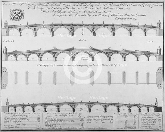 Three designs by Edward Oakley for Blackfriars Bridge, 1756. Artist: Benjamin Cole