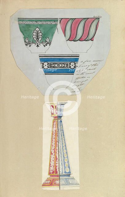 Three Designs for Decorated Cups and Two Designs for a Candlestick, 1845-55. Creator: Alfred Crowquill.